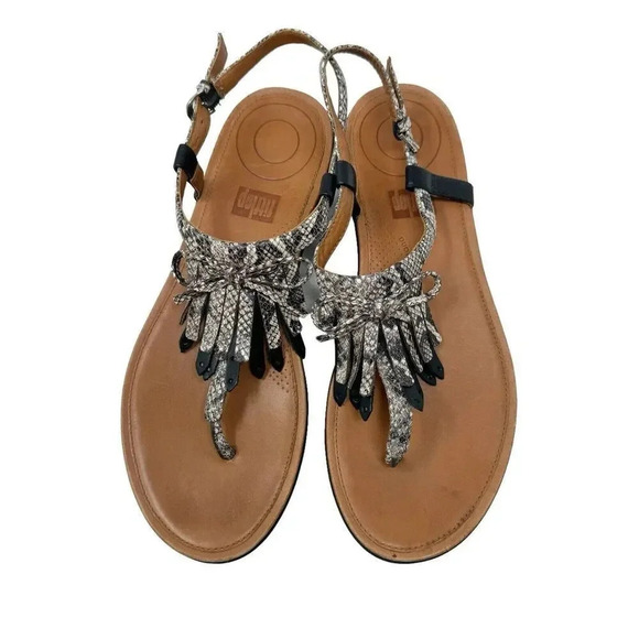 Fitflop Womens Tia Sandals size 8 black leather & Python fringe thongs - Picture 12 of 12